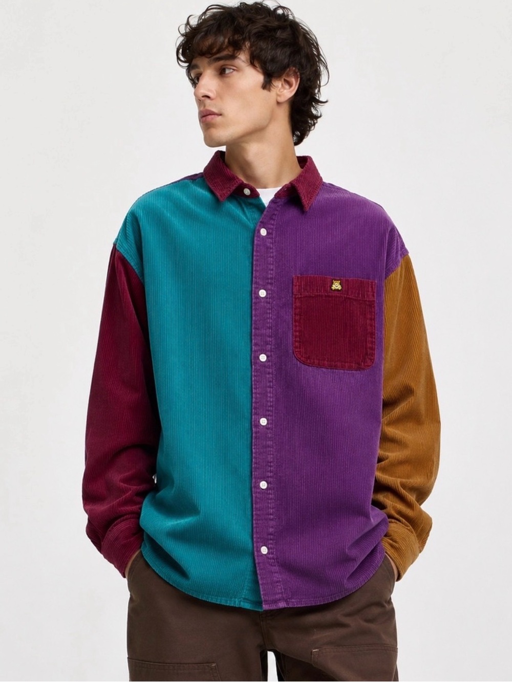 Teddy Fresh Colorblock Corduroy Button Down Shirt Men’s XL Bear Logo Pocket